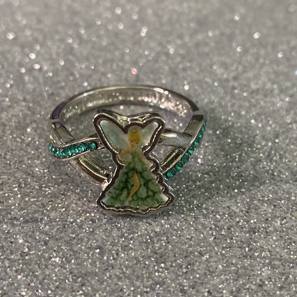 Vintage Antique Silver Tone Rhinestone Disney Tinkerbell Ring - Size 11